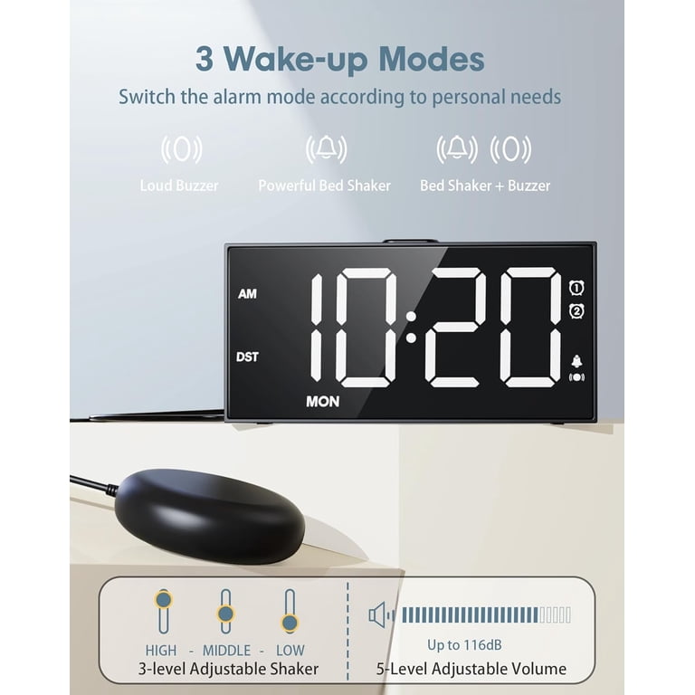 ME Loud Alarm Clock for Heavy Sleepers,RGB Vibrating Alarm Clock with Bed  Shaker,3-level Vibrator,Dual Alarms,Weekday/Weekend,Dimmer,Volume,USB Phone  ...