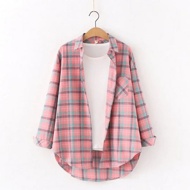 DPTALR Hauts à Manches Longues pour Femmes Cardigan à Revers à Simple Boutonnage Chemise Blouse à Carreaux à Boutons
