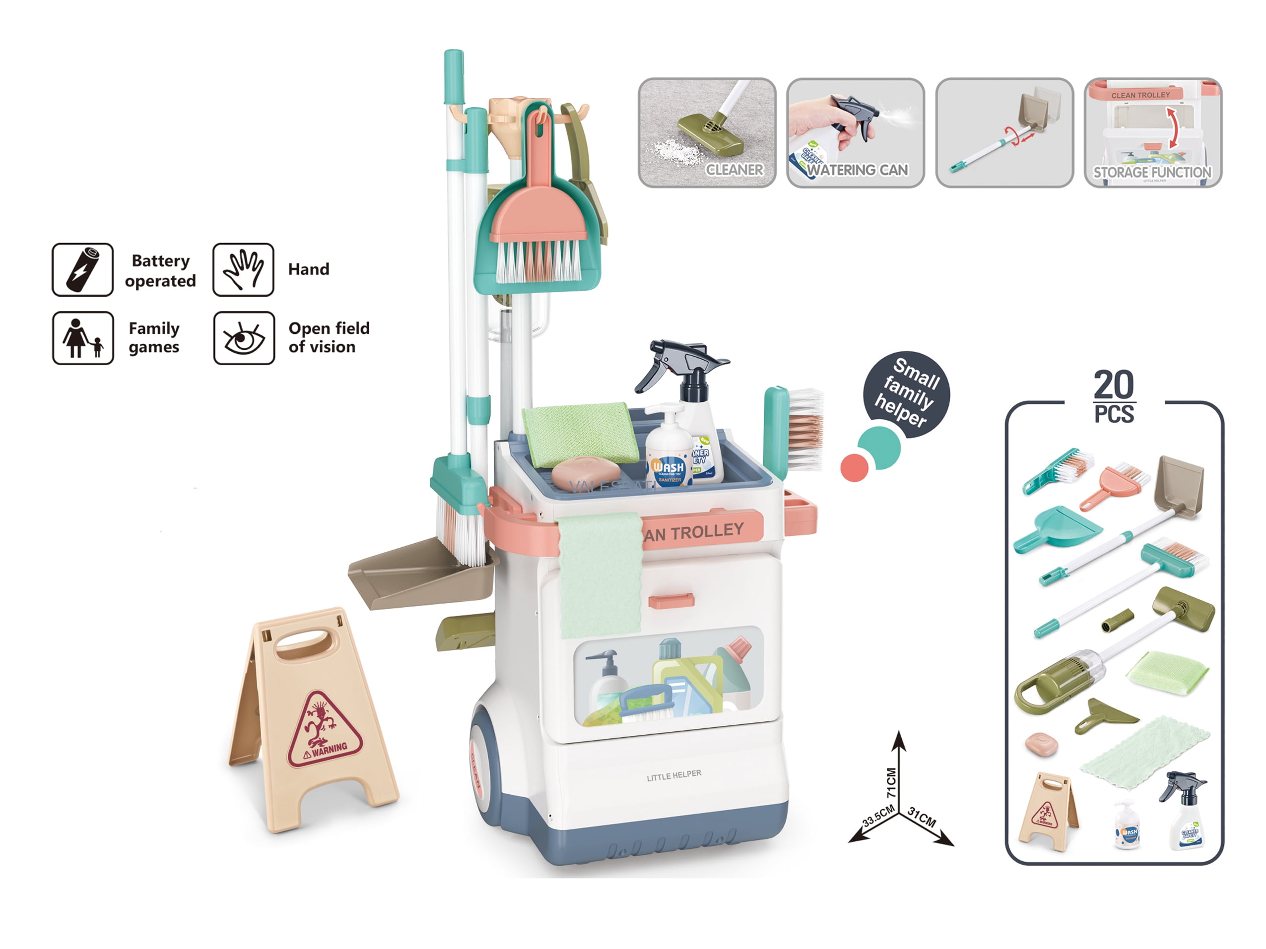 Valessati Plastic Cleaning Cart Playset, 20 Pieces, Working Vacuum, Mop & Broom, Ages 3+