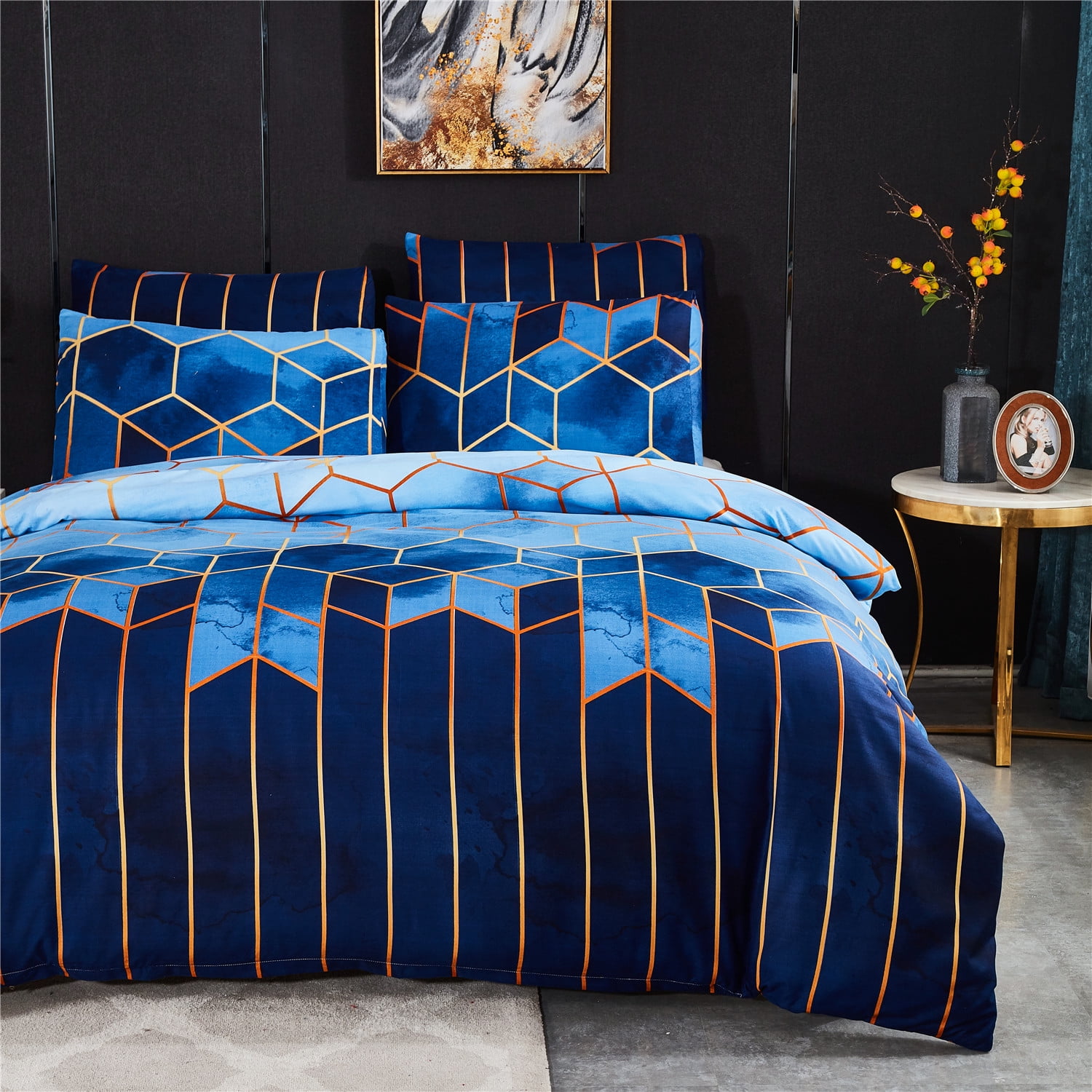 Blue Gradient Color Gold Geometric Bedding Duvet Cover Set Queen, Soft