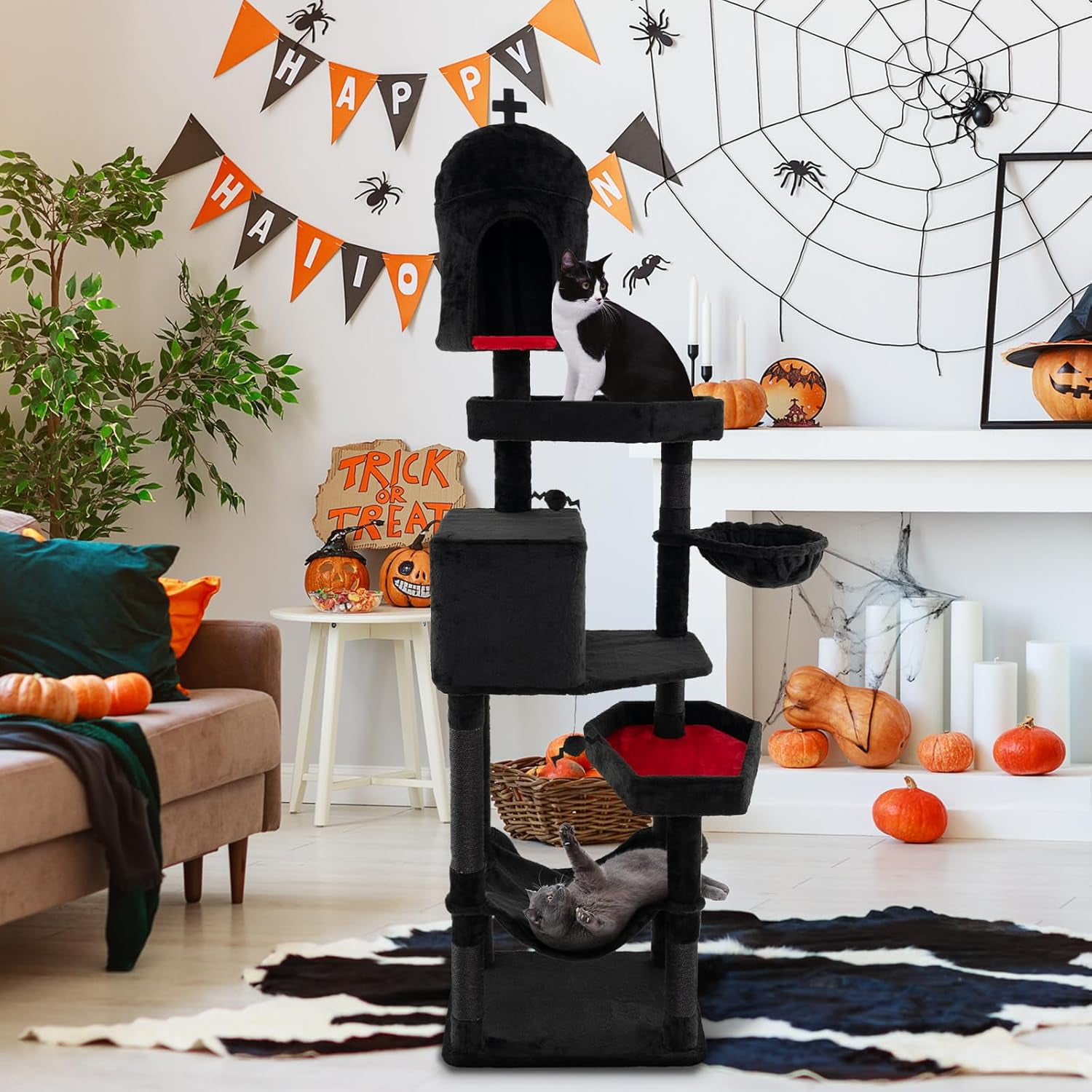 YounGG Gothic Cat Tree, 83 Inch Tall Cat Tower with Sisal Covered Scratching Posts, 2 Coffin Beds, 2 Cat Condos, Hammock, Basket Bed, Halloween Pet Furniture, Black Goth Cat Tree for Indoor Cats