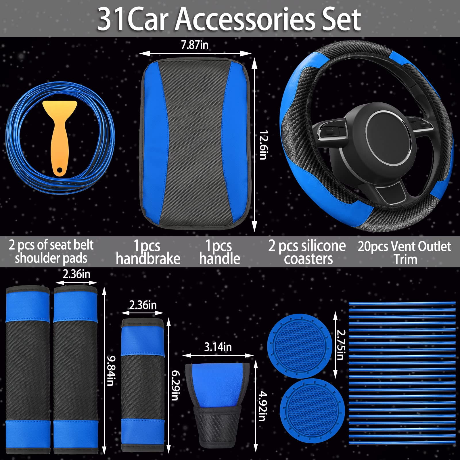 30Pcs Car Interior Accessories Set PU Leather Carbon Fiber Pattern Steering Wheel Cover for Women and Men with Armrest Pad Seat Belt Covers Cup Coasters Vent Trim strips, Pink