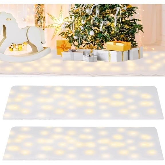 2Pcs Christmas Snow Blanket with Lights, Fake Snow Blanket Roll for Xmas Village, Led Lights Artificial Snow Table Runner Faux Snow Sheet for Winter Village Display Craft (1.3 x 4.9ft, Warm Light)