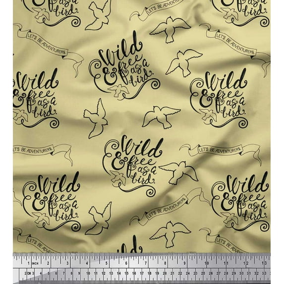 Soimoi Beige Rayon Fabric Text & Bird Tribal Print Sewing Fabric Yard 56 Inch Wide