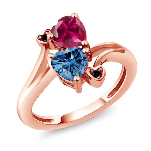 Gem Stone King 18K Rose Gold Plated Silver Red Created Ruby Persian Blue Moissanite and Black Diamond Ring for Women (1.80 Cttw, Heart Shape 6MM, Gemstone July Birthstone, Size 7)