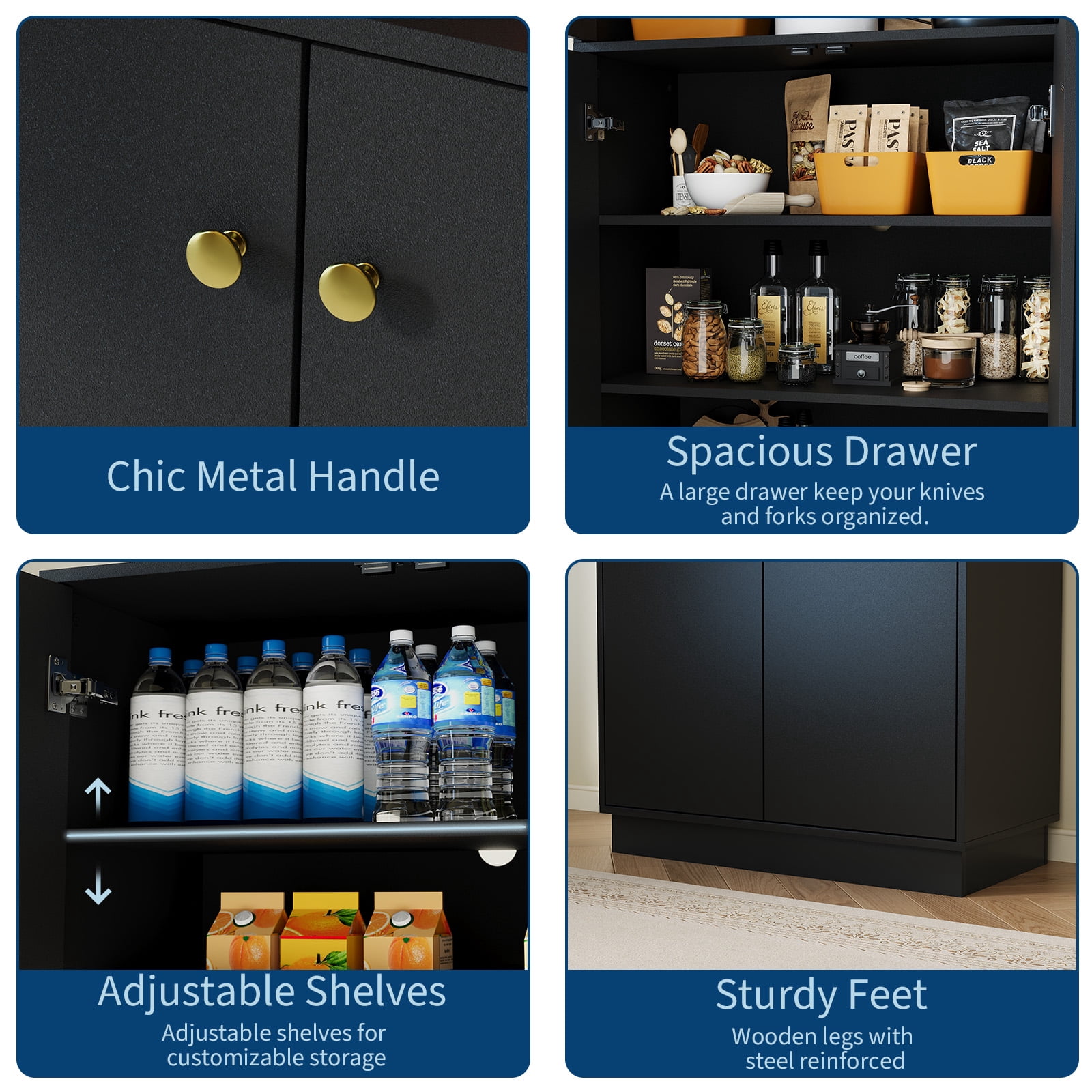 Garvee 67.3" Tall Pantry Cabinet, 4-Door Kitchen Food Storage Cabinet with Adjustable Shelves, Freestanding Pantry Cupboard Organizer for Dining Room, Living Room, Utility Room, Black