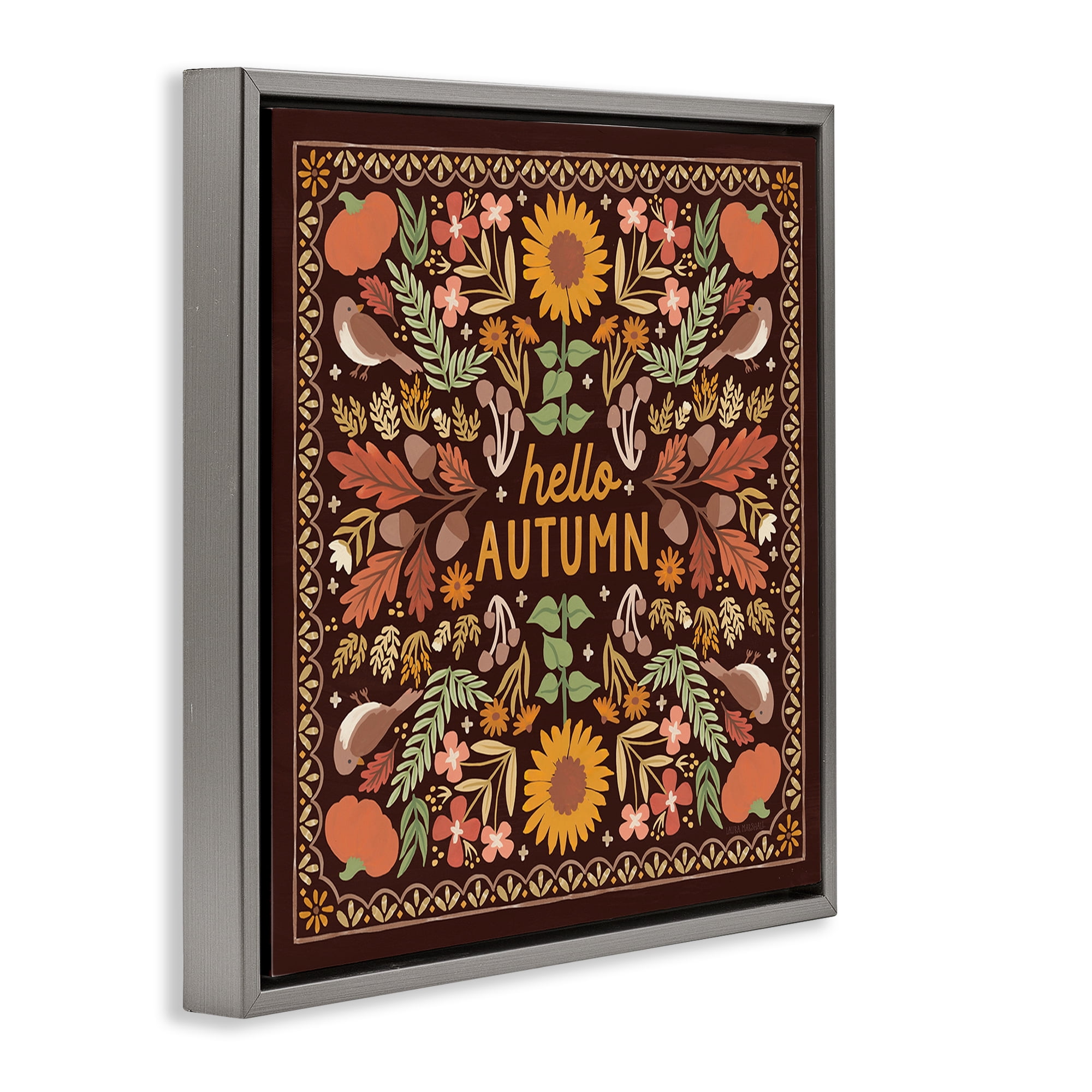 Stupell Industries Hello Autumn on Brown Landscape Painting Gray Floater Framed Art Print Wall Art, 18 x 18