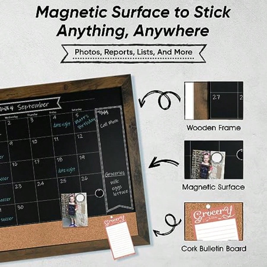 Chalkboard Calendar Bulletin Combo 18 X 24 Rustic Frame With Chalk Markers PushPins Magnets Blackboard Kitchen Wall Calendar Organizer