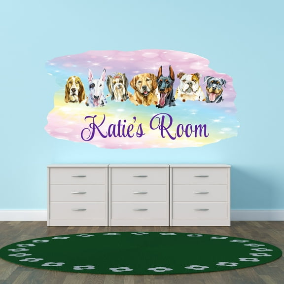 Personalized Animal Wall Decals for Kids Room - Collection of Purebed Dog Heads Plus Custom Name Wall Sticker Decal With Easy Installation Instructions Custom Name Sticker - Size: 30 In x 15 In