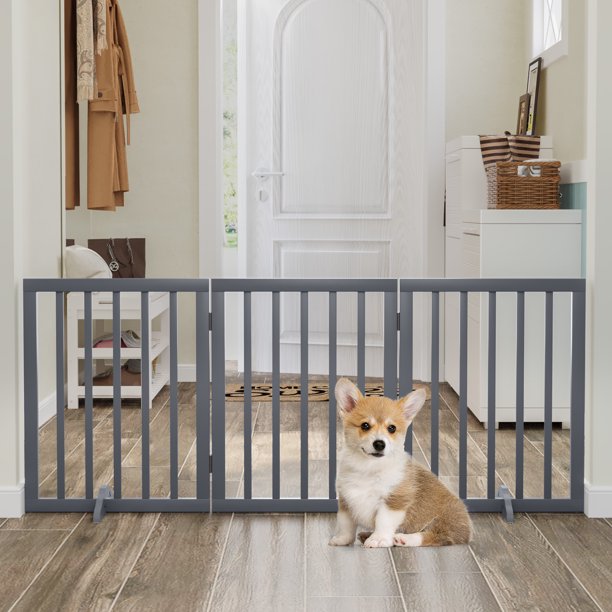 Smart FENDEE Dog Gate Wood Foldable Pet Gate for Doorway,24"H,Gray