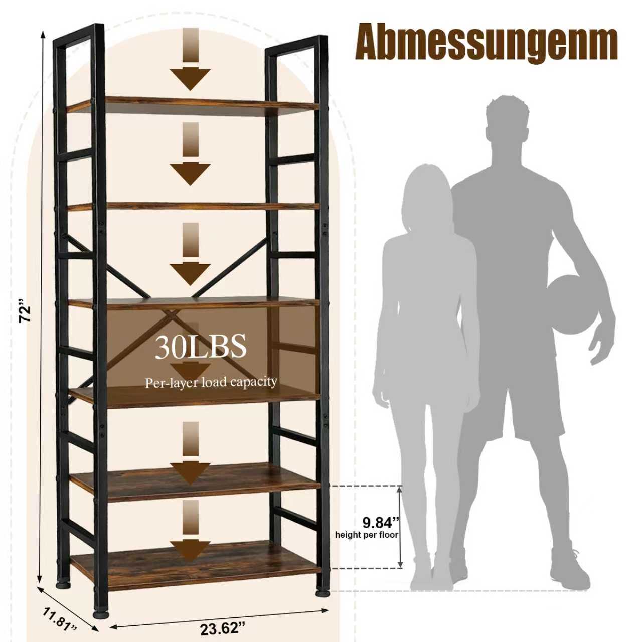 ZEUKMXOO 6 Tier Bookshelf , Modern Freestanding Display Bookcase Shelf, Vintage Wood Storage Organizer , Tall shelving unit for Living Room, Home Office, Bedroom, Pantry