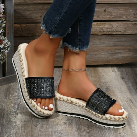 

Vedolay Keen Sandals for Women Sandals for Women Open Toe Ankle Strap Glitter Low Wedge Sandals Black 10