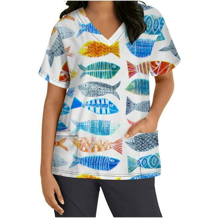 

Akklian Summer Savings Clearance Working Uniform For Women Top Short Sleeve V-Neck Scrubs Top Floral Print With Three Pockets Blouse