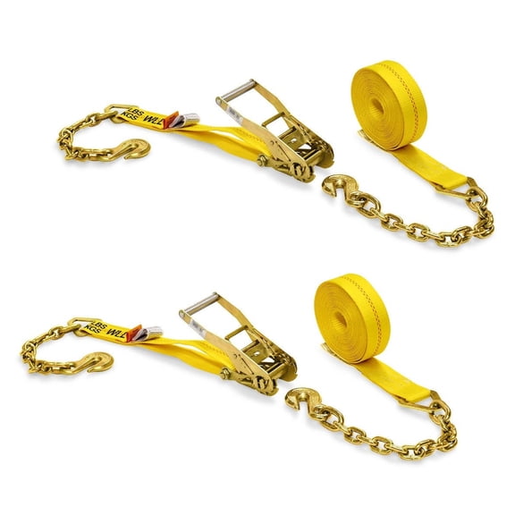 """Two 2-in. X 27-Ft. Heavy-Duty Ratchet Straps with Chain Ends and Grab Hooks, 10,000 Lbs. Break Strength | Chain TieDowns by DC Cargo Mall"""