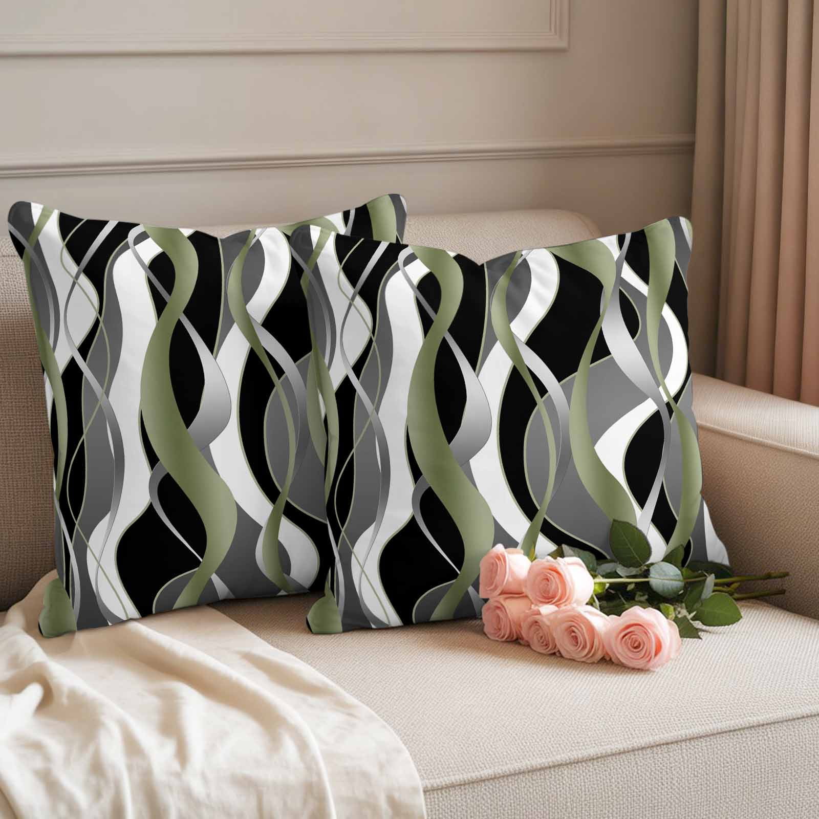 Sage Green Stripe Outdoor Waterproof Pillow Covers, Grey White Geometric Modern Abstract Decorative Square Throw Pillowcase Sofa Cushion Sham for Patio/Couch/Chair, 18"x18" 2 Pack