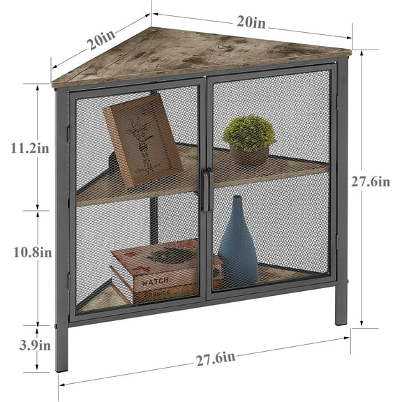 Corner Cabinet/Table, 3-Tier Shelves with Protection Door, Metal Frame Storage Shelf Organizer for Small Space, Living Room, Kitchen, Bathroom, Set of 1, Grey