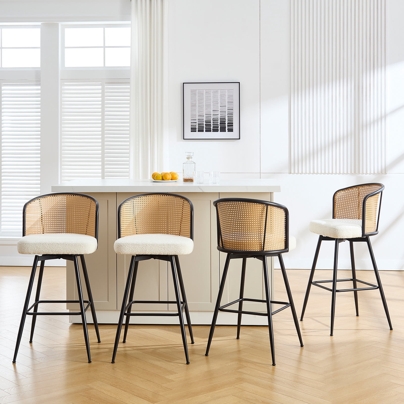 ANMINY Rattan Swivel Bar Stools Set of 4, 26" Counter Height with Rattan Back and Metal Legs, Mid-Century Modern Armless Boucle Fabric Barstools Seat, Upholstered Counter Stools for Kitchen Island