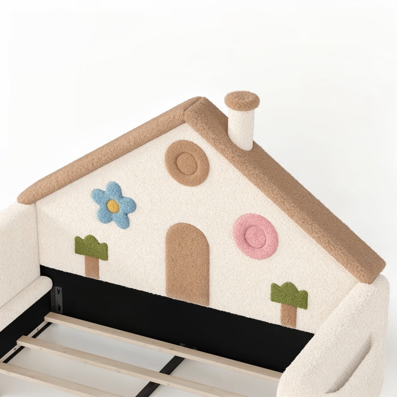 Full Size Kids Floor Bed with House Shaped Headboard, Upholstered Teddy Fabric Child Storage Platform Bed Frame with Pocket