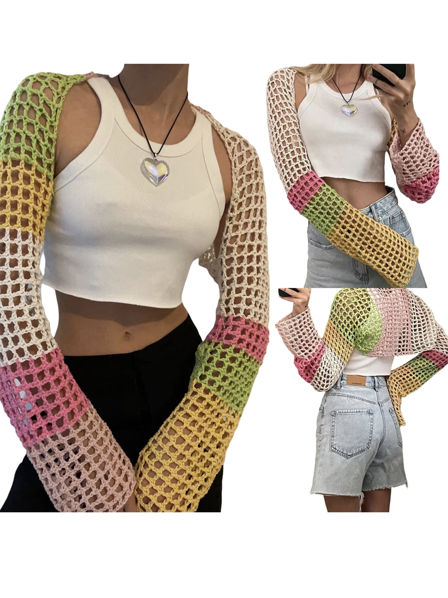 Tsseiatte Women Mesh Shrug, Long Sleeve Crochet Contrast Color Ladies  Summer Daily Party Crop Top 