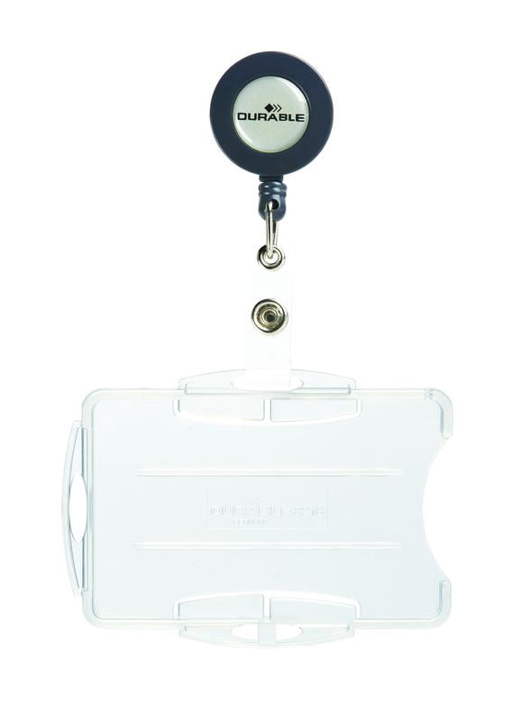 DURABLE Open Face Style ID Badge Holders for Two Badges with Retractable Reel, Horizontal Or Vertical Orientation, 2-3/4" x 3-5/8", Clear, Pack of 10 (821919)