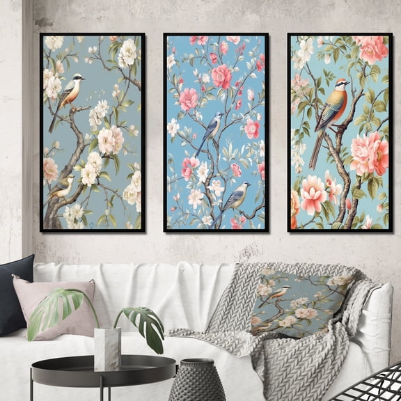 Designart "Chinoiserie Featuring Birds and Peonies XVIII" Floral Framed Wall Art Set Of 3 - Blue Floral Frame Canvas Set For Living Room Decor