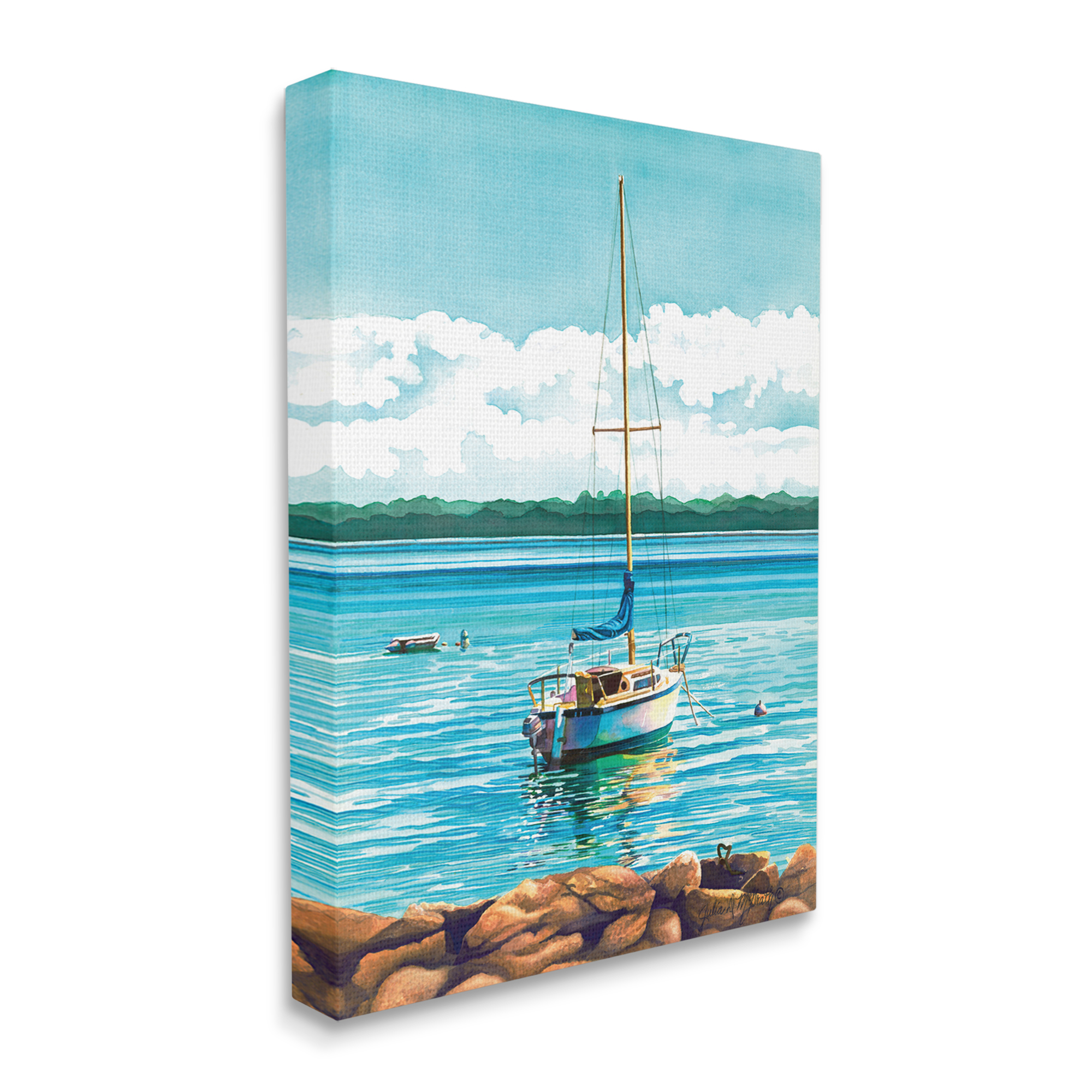 Stupell Industries Sailboat Rocky Shoreline Nature Painting Gallery Wrapped Canvas Print Wall Art, 24 x 30