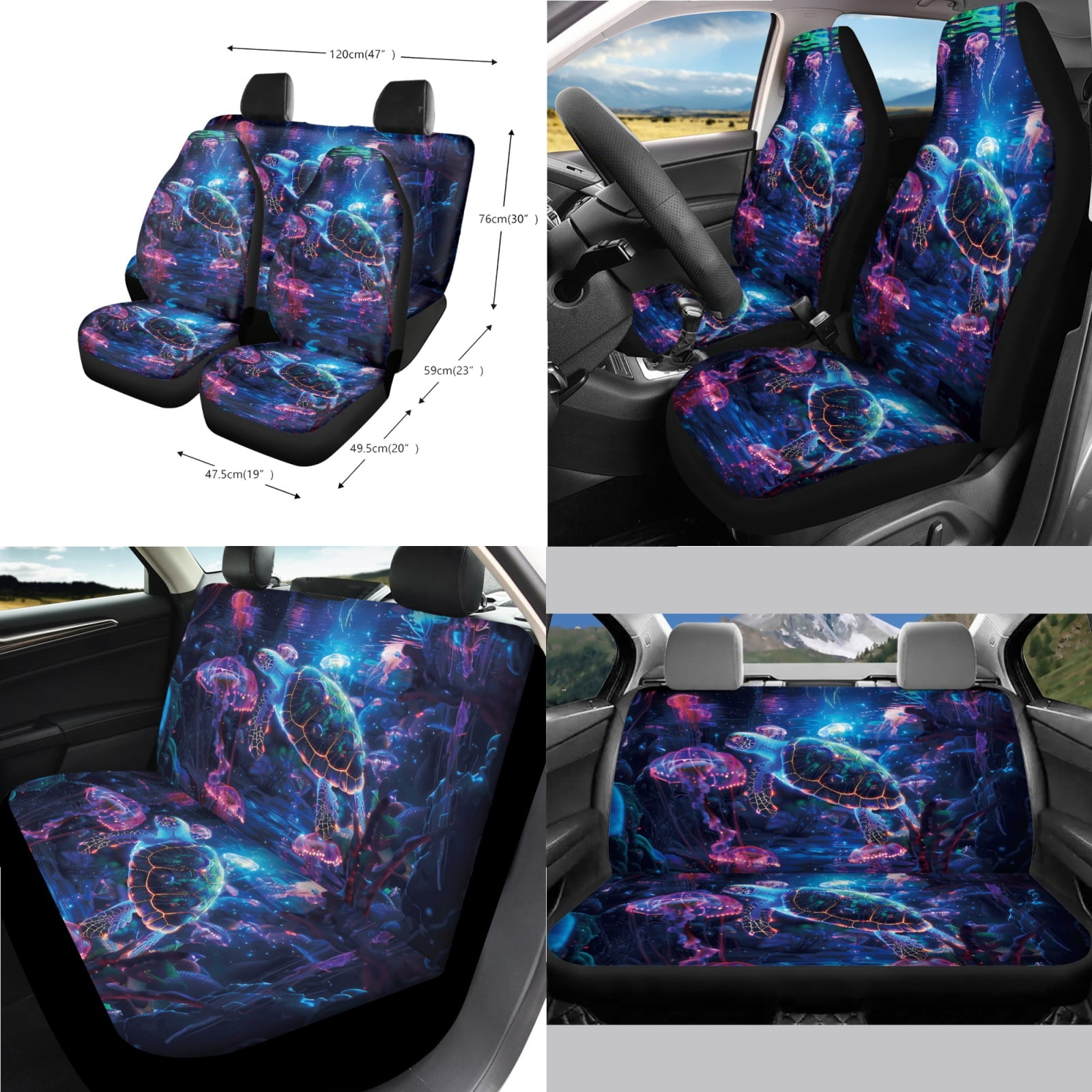 Jeiento Sea Turtle Car Seat Covers Set 14 Pcs Auto Seat Protector with Steering Wheel Cover Seat Belt Pads Garbage Bag Armrest Cover Handbrake Cover Set Rear View Mirror Protector Coasters