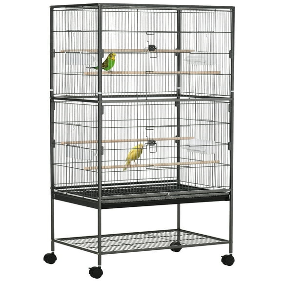 PawHut 52" Large Rolling Steel Bird Cage Bird House with Rolling Stand, Storage Shelf, Wood Perch, Food Container, Dark Grey