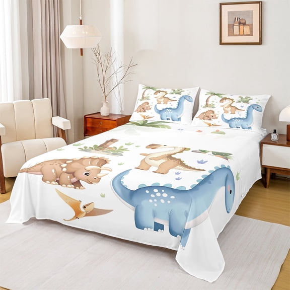 Manfei Kawaii Blue Dinosaur Full Size Sheets, Cartoon Animal Bed Sheets, Teens Boys Girls Kids Sheet Sets, Super Cozy Room Decor, 4pcs