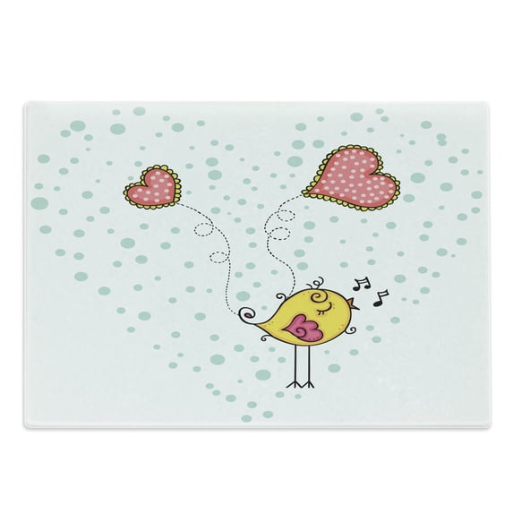 Yellow Bird Cutting Board, Valentine's Day Pastel Concept Love Bird Singing in Polka Dotted Hearts, Decorative Tempered Glass Cutting and Serving Board, in 3 Sizes, by Ambesonne