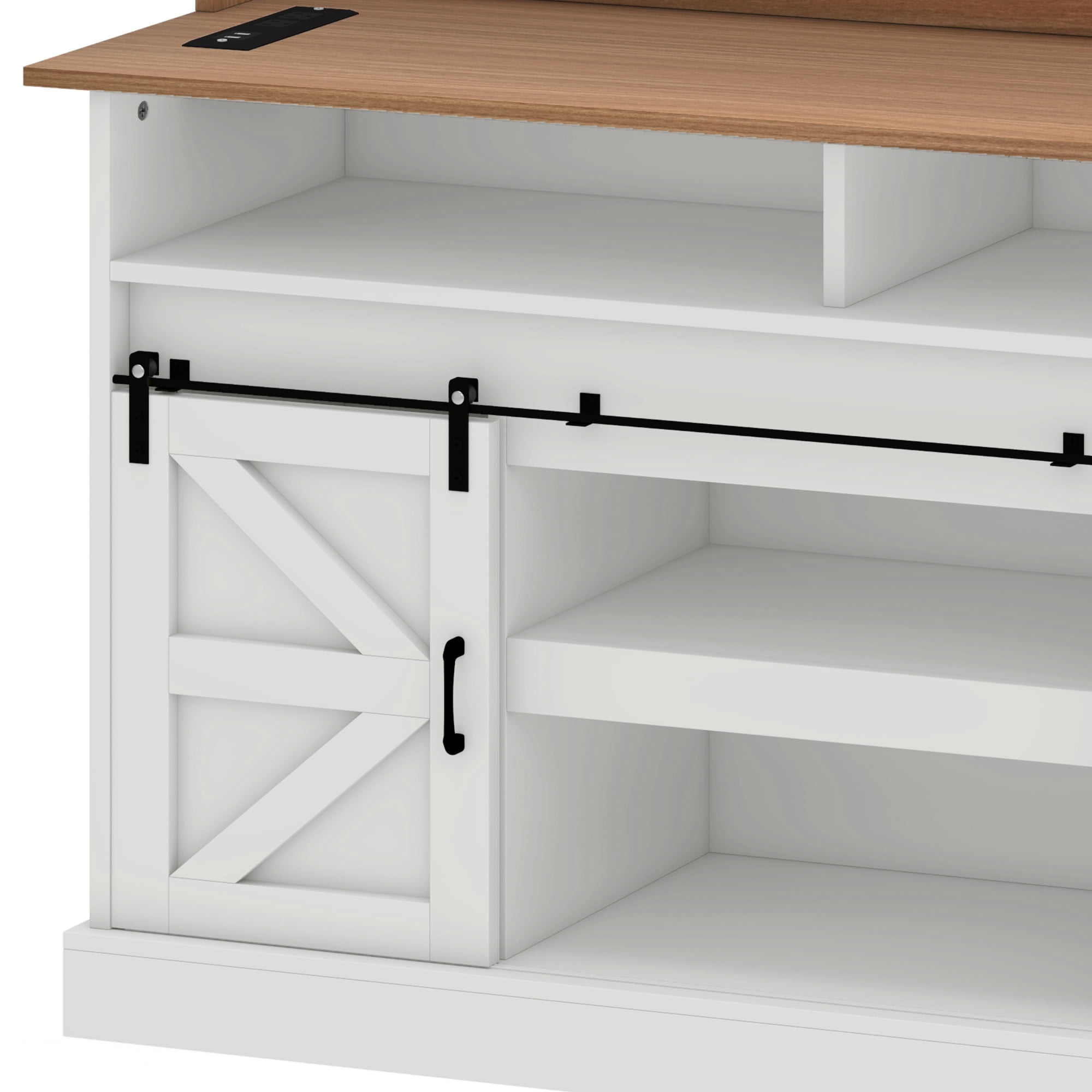 Uforic 52" Farmhouse Wine Cabinet, Sliding Barn Door Sideboard with Power Outlets & Goblet Holder (White)