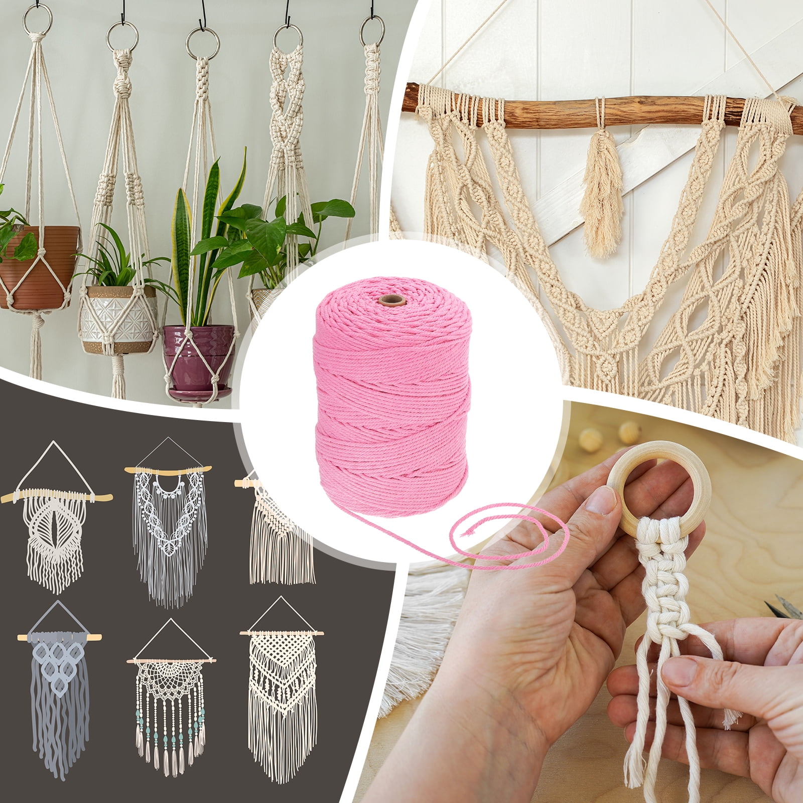 Uxcell Natural Macrame Cord 3mm x 328 Yards 4 Strand Twisted Cotton Macrame Rope for DIY Knitting Plant Wall Hanger Dreamcatcher, Deep Pink