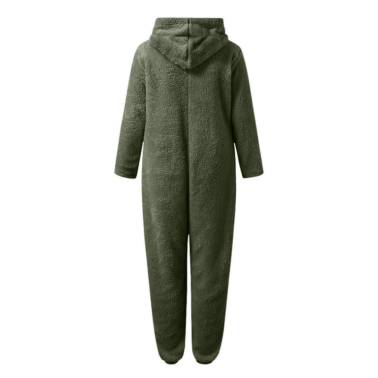 YWDJ Jumpsuits for Women Casual Women Long Sleeve Hooded Jumpsuit Pajamas  Casual Winter Warm Rompe Sleepwear Army Green XL 