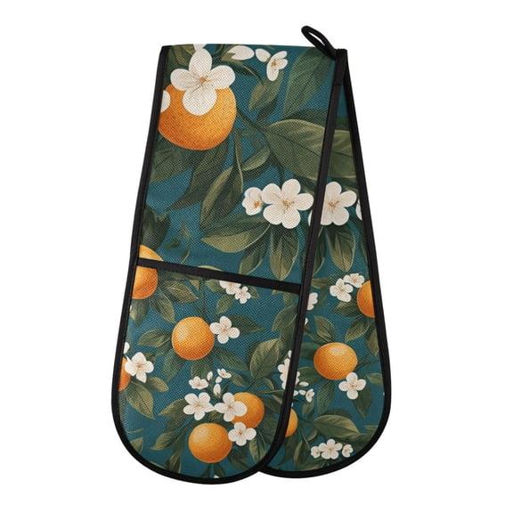 Yayeee Double Oven Mitt Kitchen Heat Resistant Baking 35" x7" Quilted Glove, Green Floral Orange
