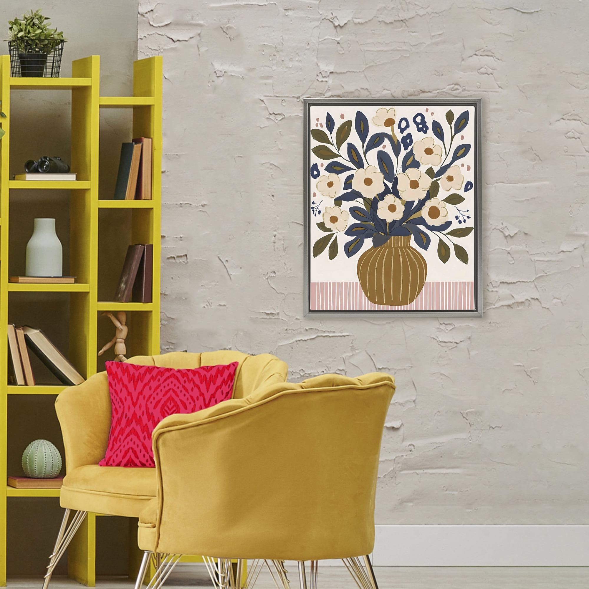 Stupell Industries Boho Floral Vase with Stripes Gray Framed Floater Canvas Wall Art, design by Creative Studio