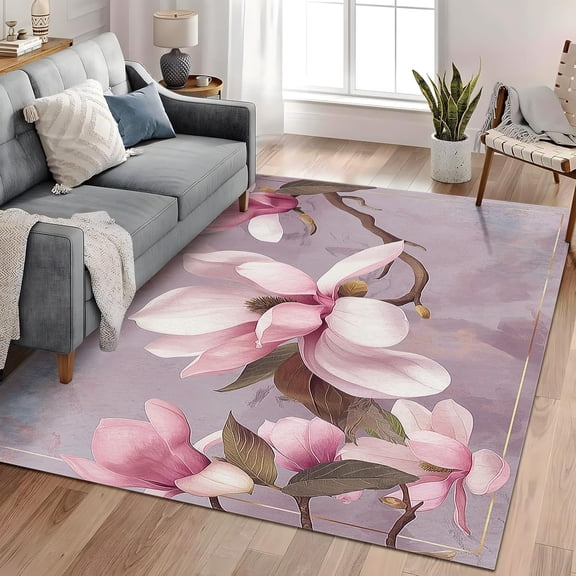 Floral Magnolia Area Rugs, Botanical Flower Carpet, Washable Non Slip Low Pile Soft Rug for Living Room Bedroom Office Home Decor Mat 2x3ft