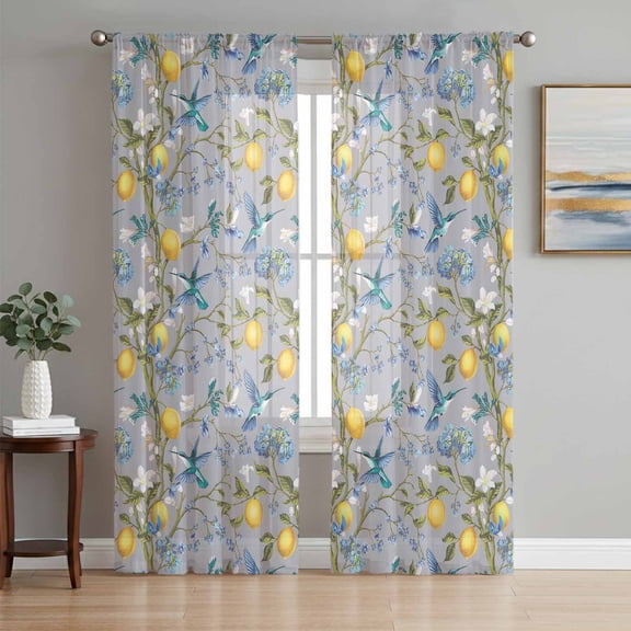 Lemon Tree Birds Sheer Curtains 84 Inch Length 2 Panels Set, Green Botanical Blue Floral Voile Window Treatment Rod Pocket Curtains Sheers Drapes for Bedroom/Living Room/Kitchen 52"x84"x2