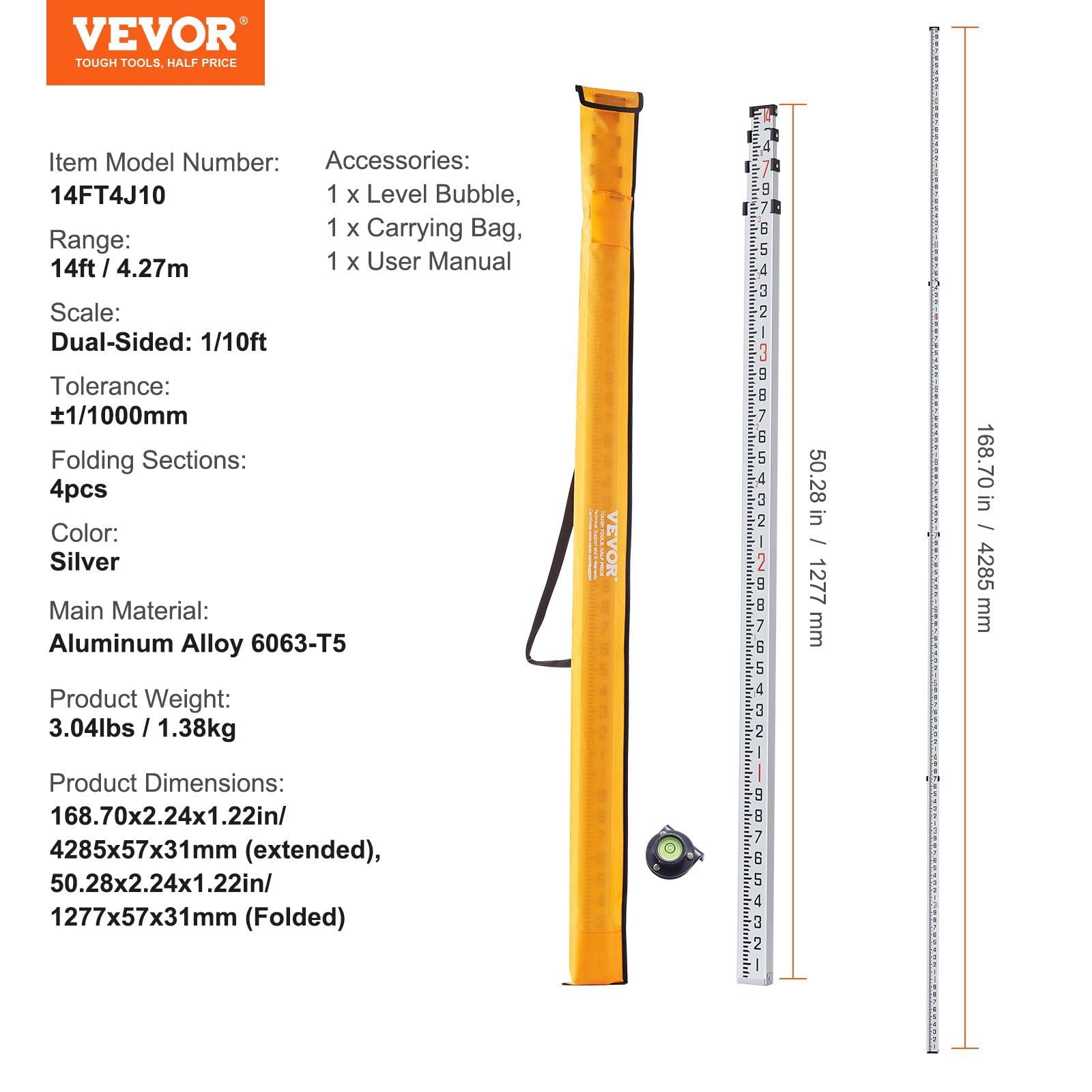 Aluminum Grade Rod, 14-Feet/10ths 6-Section Extendable Leveling Rod, Double-Sided 1/10 ft Graduation Survey Stick, Durable Aluminum Alloy Measuring Pole w/ Built-In Bubble Level & Storage Bag for