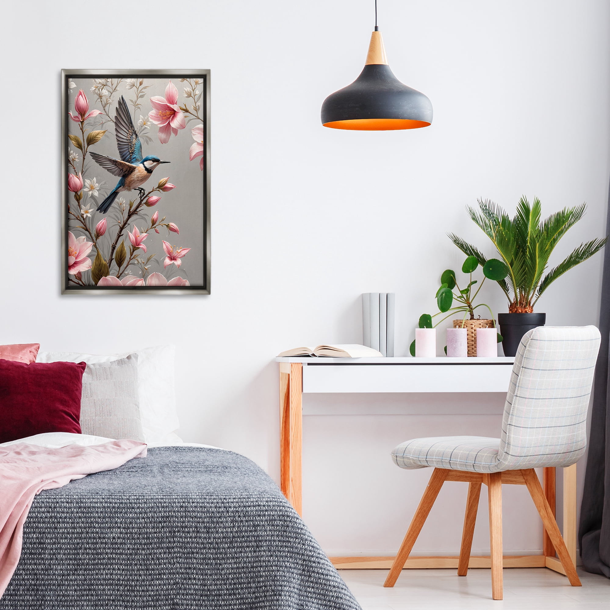 Stupell Industries Soft Pink Florals with Bird Animals Painting Gray Floater Framed Canvas Art Print Wall Art, 21 x 31