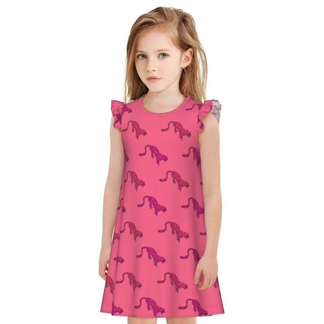 Balery Leopard Print Camisón de princesa para niñas, pijama de algodón con mangas abullonadas, suave y bonito.-Large