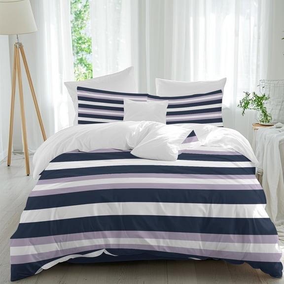 Navy Purple Stripe Duvet Cover Set King Size, Modern Abstract 4 Piece Soft Microfiber Bedding Set with 1 Duvet Cover, 1 Flat Sheet, 2 Pillowcases