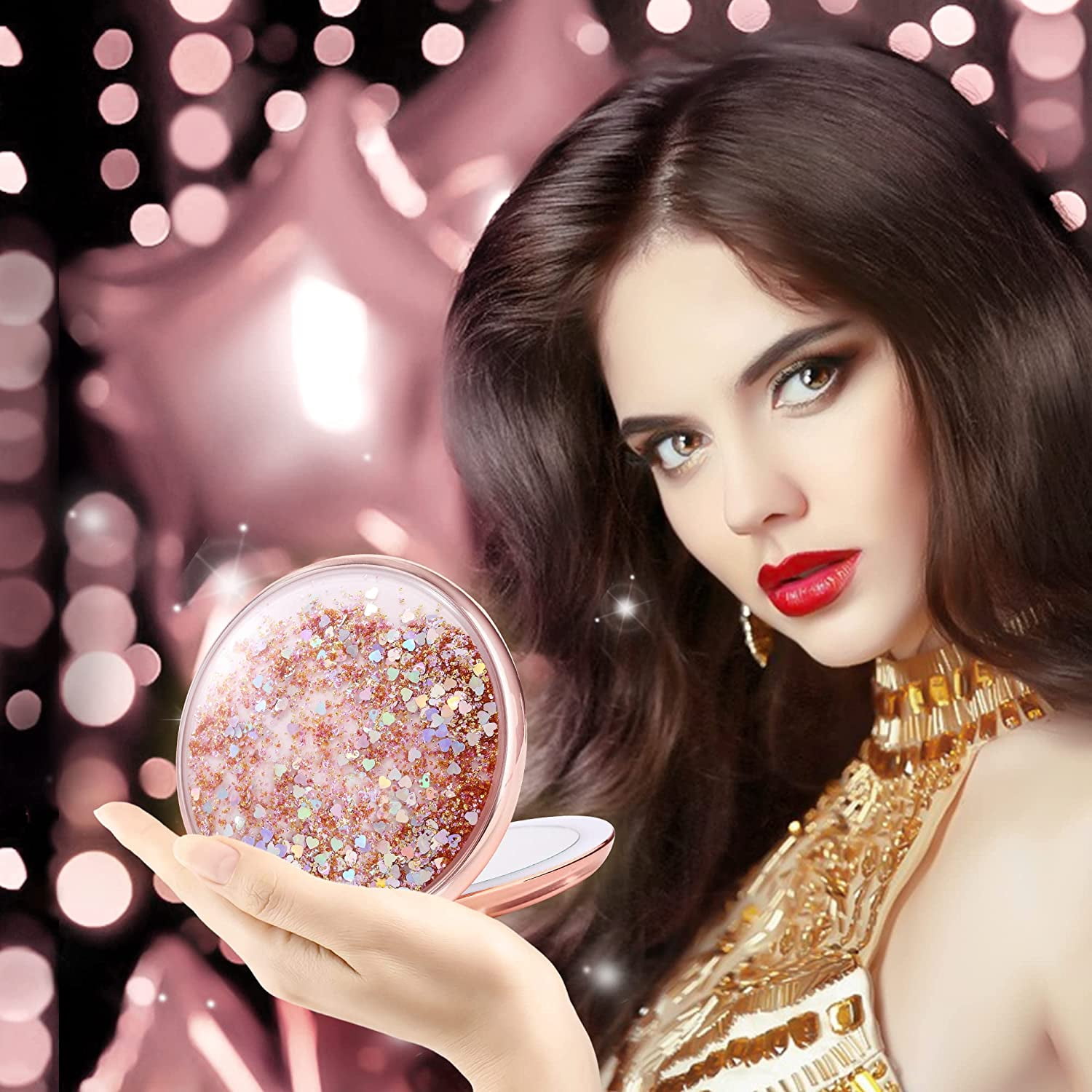 B Beauty Planet LED Makeup Mirror 1x 25x Magnification Compact 5in Glitter Quicksand Walmart