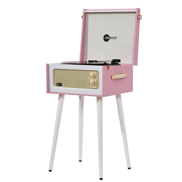 Arkrocket Discovery Tourne-Disque Rétro Bluetooth à 3 Vitesses avec Haut-Parleurs Intégrés et Pieds Amovibles (Rose Blanc)
