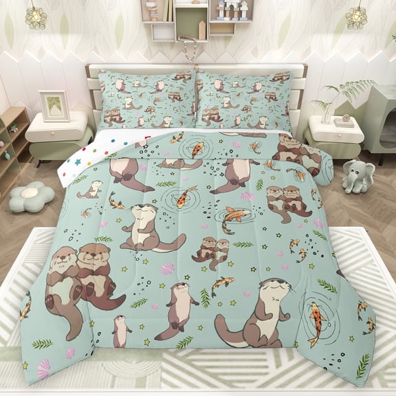 Homewish Kawaii Otter Bedding Comforter Set 2pcs for Preppy Child,Cartoon Animal Twin Comforter Sets Microfiber,Koi Fish Breathable Bedding Set,Luxury Bedroom Decor,Reversible