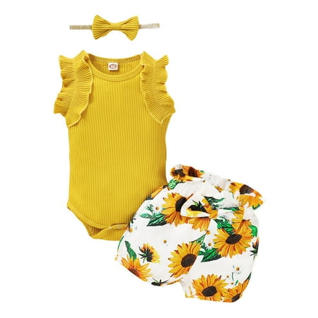 

AIMAOMI Baby Girls Ruffle Bodysuit Romper+Sunflower Print Shorts+Headband Outfits H