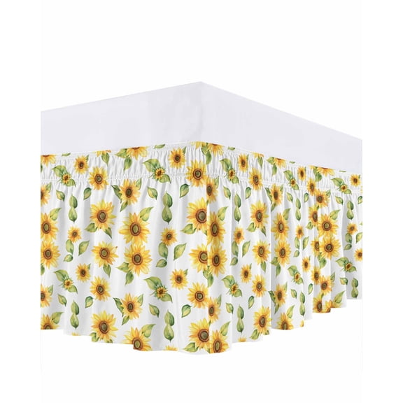 Summer Sunflowers Bed Skirt Cal King Size, Watercolor Botanical Floral Leaves Wrap Around Bed Skirting with Adjustable Elastic Strap, Dust Ruffled Pleated Bedskirts 18 Inch Drop for Bedroom Beds
