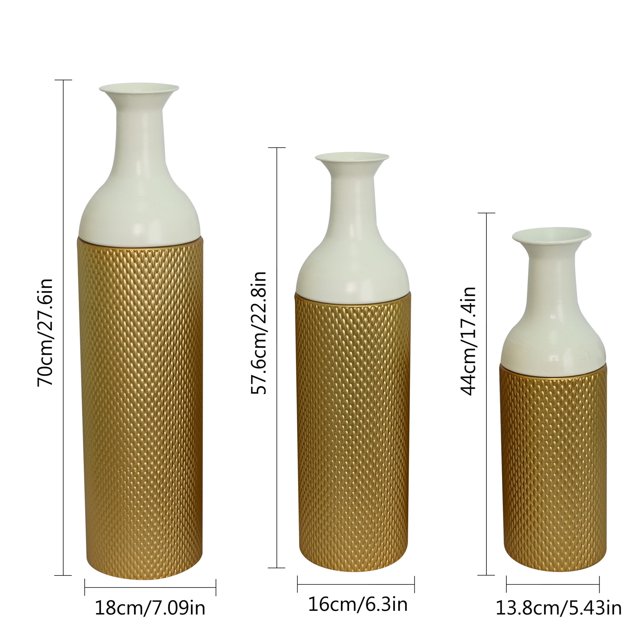 Noble House Set of 3 Decorative Metal Floor Vases, Tall Textured Vases for Home Decor, White+Gold