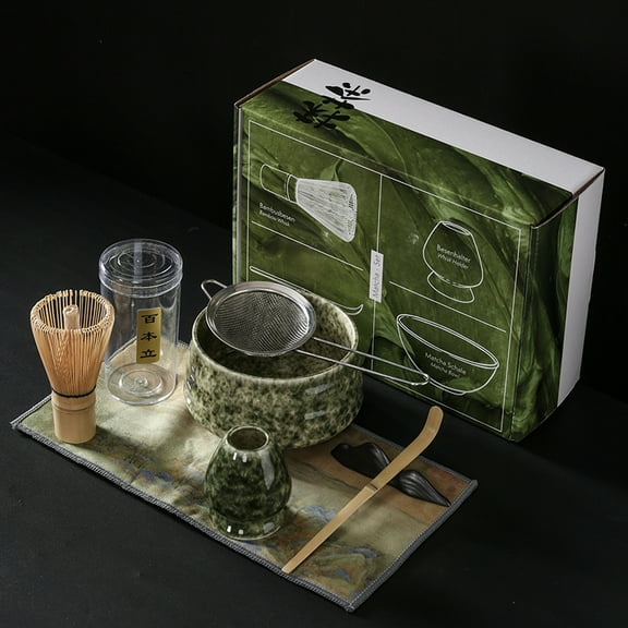 Traditional Japanese Matcha Tea Ceremony Set 7-piece set, mint green, with bamboo whisk, ceramic bowl, strainer, glass container, sieve, bamboo spoon
