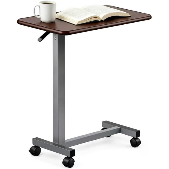 Adjustable Overbed Table with Wheels, Pneumatic Height Lift Rolling Bedside Table, Standing Desk for Home & Office Use, Ideal for Seniors & Limited Mobility(Walnut Brown)