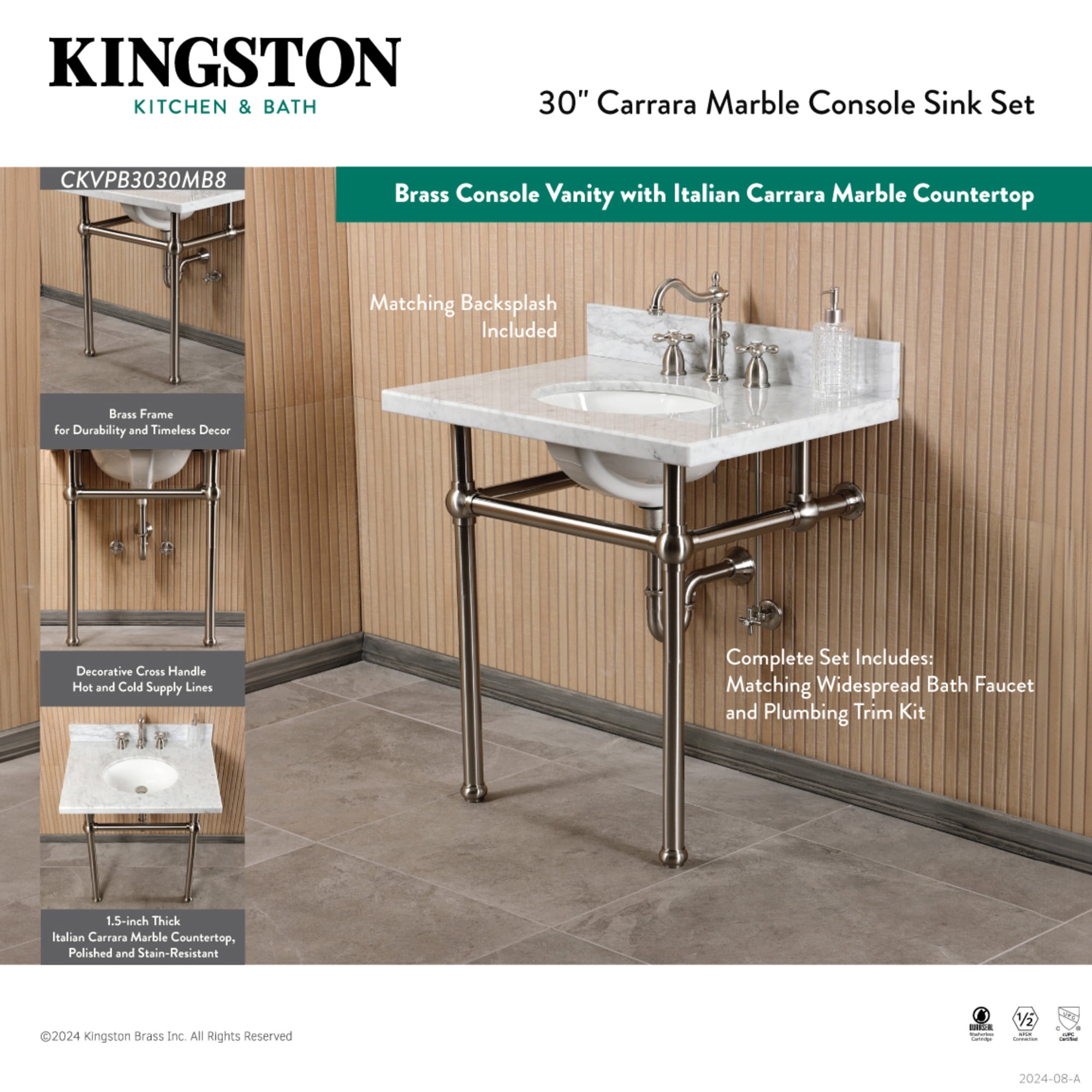 Kingston Brass CKVPB3030MB7 Templeton 30" Carrara Marble Console Sink Set with Widespread Bathroom Faucet and Plumbing Trim Kit (8-Inch, 3-Hole), Carrara Marble White/Brushed Brass